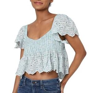American Eagle Blue Ruffled Crop babydoll Blouse women’s XL aso sweet magnolias